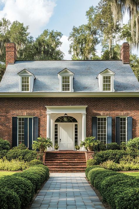 Red brick house with dormer windows and lush greenery. The charm and quirks of 1920s houses, where elegance met the epitome of funky craftsmanship, all wrapped up with a touch of art deco flair. Colonial Ranch House Exterior, Colonial House Exterior Brick, Before And After Exterior Home Makeover, Brick House Landscaping Front Yard, Red Brick Colonial House Exterior, Colonial Revival House Exterior, Brick Craftsman House, Brick Houses Exterior, 1920s Houses