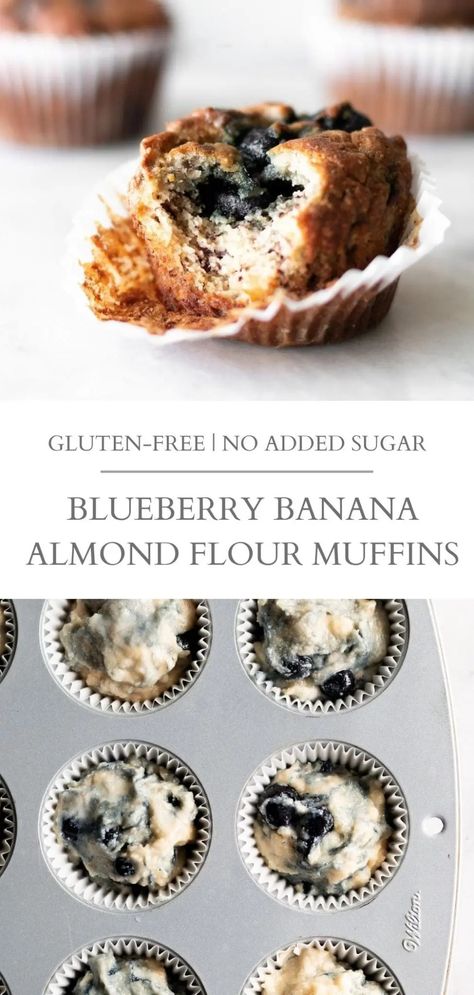 These blueberry banana almond flour muffins are sweetened with fruit and made with almond flour, making them a naturally gluten-free and high-protein. Perfect for a quick snack or breakfast on-the-go! | Nourished by Caroline #muffins #almondflour #highprotein #vegetarian #snack #fruitsweetened #blueberry #banana #healthyrecipes #snackrecipe Paleo Muffins Almond Flour, Banana Almond Flour Muffins, Almond Flour Blueberry Muffins, Almond Flour Banana Muffins, Blueberry Protein Muffins, Banana Protein Muffins, Banana Zucchini Muffins, Vegetarian Snack, Gluten Free Banana Muffins