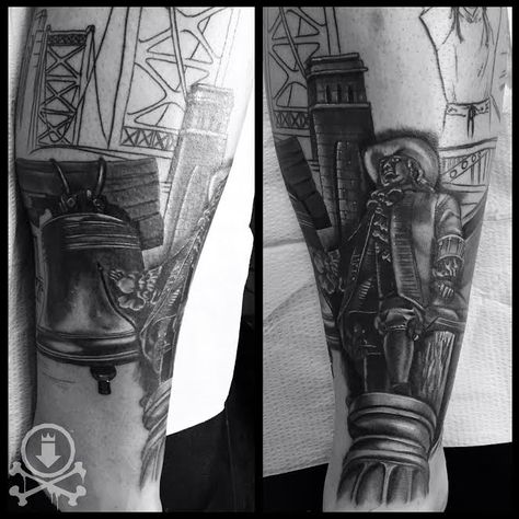 Excellent start to this Philadelphia themed leg sleeve tattoo by Meghan Patrick.  #12ozstudios #team12oz #tattoo #tattoos #tattooart #blackandgrey #Philadelphia #Philly #libertybell #williampenn #tattoosformen Philadelphia Tattoo Ideas, Philly Tattoo Ideas, Themed Leg Sleeve Tattoo, Philly Tattoo, Meghan Patrick, City Tattoo, Leg Sleeve Tattoo, Leg Sleeve, Leg Sleeves