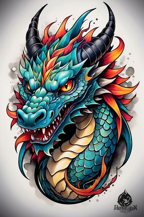 Dragon Designs Artworks, Neo Traditional Dragon Tattoo, Dragon Tattoo Color, Neotrad Tattoo Design, Dragon Art Drawing, Graffiti Dragon, Geometric Tattoo Leg, Arm Cover Up Tattoos, Edgy Tattoo