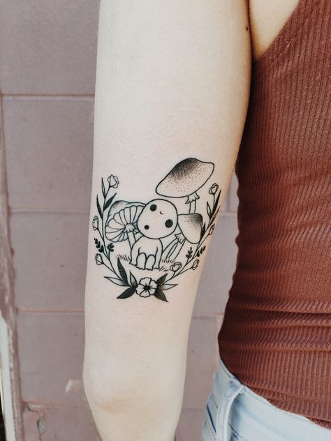 Geek Tattoo Ideas, Kodama Tattoo, Princess Mononoke Tattoo, Japanese Tattoos For Men, Whimsical Tattoos, Mushroom Tattoo, Spirit Tattoo, Ghibli Tattoo, Princess Tattoo