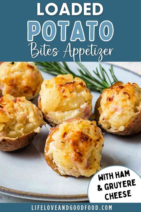 Cheesy Loaded Baked Potato Bites pack all the flavors of twice-baked potatoes into a delicious little appetizer. Here's the twist — sweet, tangy pineapple bits pair with salty ham and nutty gruyere for a flavor combo you didn’t know you needed. Cheesy Potato Bites, Potato Cheese Bites, Baked Potato Bites, Loaded Baked Potato Bites, Potato Appetizers, Loaded Baked Potato, Potato Bites, Small Potato, Potato Recipes Side Dishes