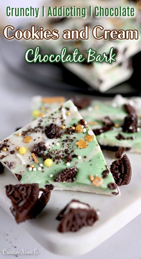 Chocolate Bark is a great no-bake sweet treat that can be customized for any occasion. #Addicting #Oreos #ChocolateBark #Cookies&Cream #CreativeMomE Cookies And Cream Bark Candy, Cookies And Cream Bark, White Chocolate Oreos, Chocolate Garnishes, Quick Treats, Candy Bark, Holiday Sweets, Kid Friendly Snack, Creative Mom