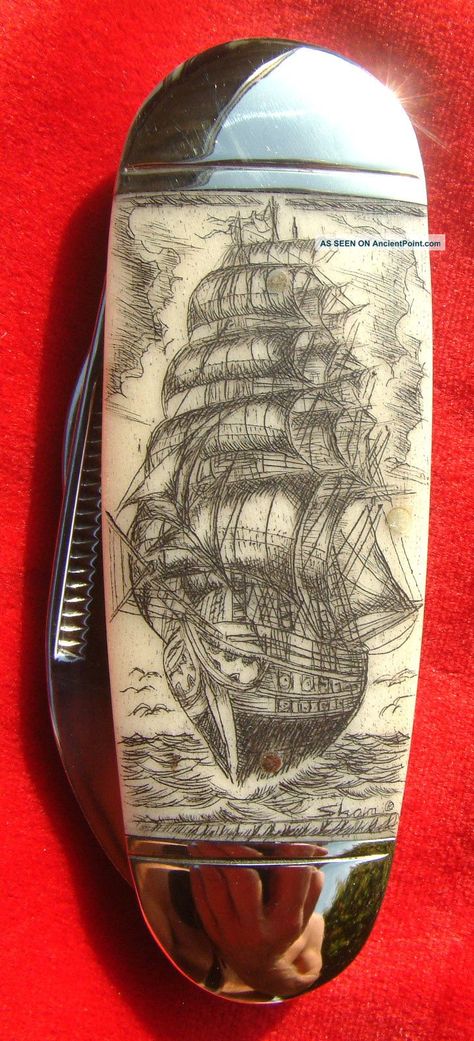 Iceland Tattoo, Stag Jewelry, Tall Ships Art, Scrimshaw Art, Diy Knife, Powder Horn, Knife Patterns, Tall Ship, Ship Drawing