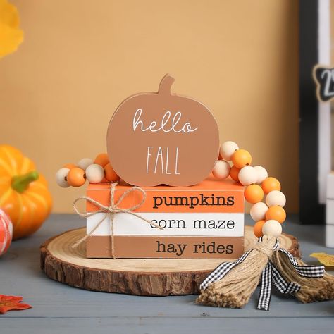 5PCS Fall Tiered Tray Decor, Hello Fall Wooden Pumpkin Sign Books Stacked Bundle with Brown Pumpkin for Thanksgiving Autumn Farmhouse Decor Wooden Tray Decor, Fall Shelf Decor, Books Stacked, Decor For Table, Autumn Farmhouse, Block Signs, Fall Tiered Tray Decor, Stacked Books, Thanksgiving Kitchen