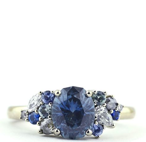 Oval Sapphire Cluster Ring With Center Stone, Formal Oval Sapphire Cluster Ring, Classic Oval Sapphire Cluster Ring, Heirloom Oval Sapphire Cluster Ring, Oval Sapphire Cluster Ring, Ballerina Engagement Ring, Jewelry Portfolio, Sapphire Cluster Ring, Montana Sapphire Engagement