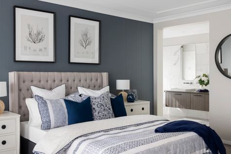 Hamptons Bedroom Design Ideas: 3 Fresh Ways to Decorate with this Fave Style 4 Hamptons Style Bedrooms Master Suite, Hamptons Bedroom Ideas, Hamptons Style Decor Bedroom, Hamptons Bedroom Master Suite, Modern Hamptons Bedroom, Blue Feature Wall Bedroom, Hampton Style Bedroom, Hampton Bedroom Ideas, Hamptons Style Bedrooms