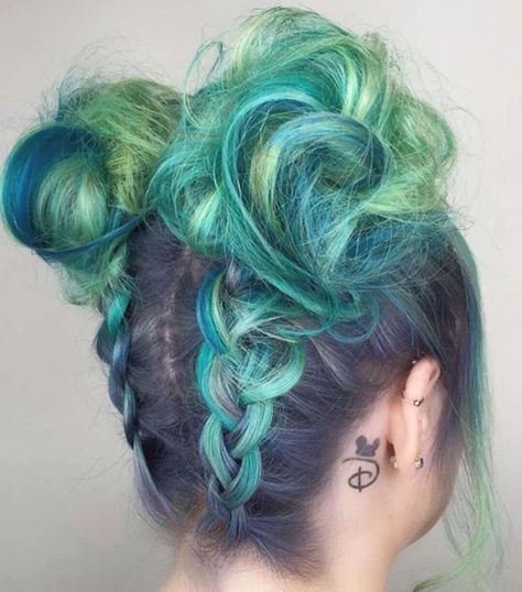 Mint Green And Lime Hair With Dark Roots Green And Blue Hair, Teal Hair Dye, Green Hairstyles, Teal Hair Color, Mint Green Hair, Upside Down Braid, Cotton Candy Hair, Dyed Hair Pastel, Latest Hair Color