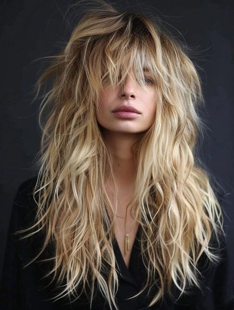 Long Shag With No Bangs, Long Hair With Choppy Layers Texture, Long Shaggy Layered Hair, Long Rocker Hair, Magical Hairstyles, Long Shaggy Hairstyles, Long Shaggy Haircuts, Shaggy Layered Haircut, Winter Blonde Hair