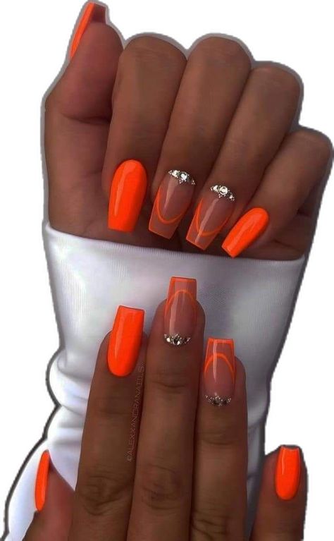 Multicolor Neon Nails, Orange Neon Nails, Summer Nails Orange, Neon Orange Nails, Orange Acrylic Nails, Summer Nails 2024, Summer Gel Nails, Short Acrylic Nails Designs, Nails Desing