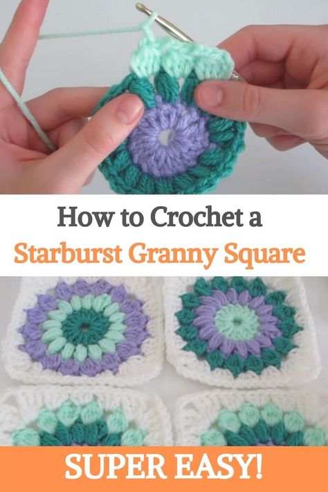 Here is a video about how to make a starburst granny square! This is one of my favorite things to crochet because it looks so beautiful once it's completed with the different types of stitches. I also like it because it's not your typical granny square and there are so many different color combinations that would look amazing in this pattern. #urbakicrochet #crchet #starburstgrannysquare #grannysquare #easycrochet Starburst Flower Crochet Pattern, Four Color Granny Square, Starburst Granny Square Pattern Free, Starburst Crochet Pattern, Easy Crochet Squares For Beginners, Granny Square Designs Free, Different Types Of Granny Squares, Granny Square Color Combinations Ideas, Granny Square Starburst