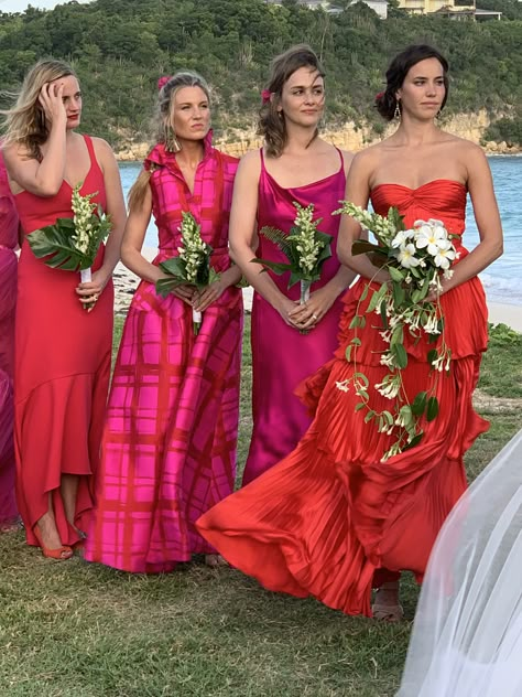 Hot Red Bridesmaid Dresses, Summer Red Bridesmaid Dresses, Red And Pink Bridesmaid Bouquet, Red Dress Bridesmaids, Red And Blue Bridesmaid Dresses, Pink And Red Wedding Dress, Red And Pink Bridal Party, Jewel Tone Bridesmaid Dresses Summer, Magenta Bridesmaid