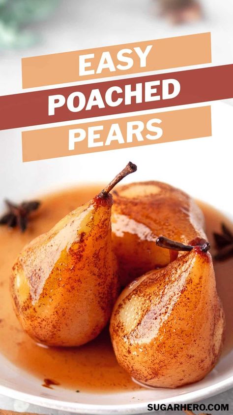 Tender, juicy poached pears with caramel sauce are a sweet and elegant way to end any meal. Learn how easy it is to make perfect poached pears with our foolproof recipe and step-by-step instructions. #sugarhero #poachedpears #boscpears #vanillapoachedpears #peardessert #caramelsauce Honey Roasted Pears, Fruity Deserts, Pears Dessert, Poached Pears Dessert, Pears Recipes, Pear Recipes Easy, Poached Pears Recipe, Pear Tarte Tatin, Pear Dessert Recipes