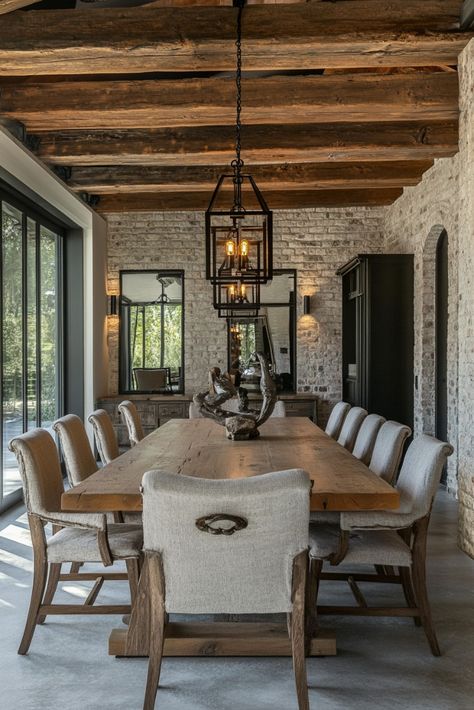 "🌲🍽️ Elevate your dining experience with Modern Rustic decor! Explore how sleek lines meet cozy, natural elements to create a warm and inviting space. Perfect for memorable meals and gatherings. 🪵✨ #ModernRustic #DiningRoomDecor #HomeInspiration" Wooden Tables Rustic, Rustic Modern Dining Room, Rustic Dining Room Ideas, Pottery Barn Dining Room, Farm Style House, Best Kitchen Colors, Kitchen Colour Combination, Farmhouse Kitchen Tables, Country Dining Rooms