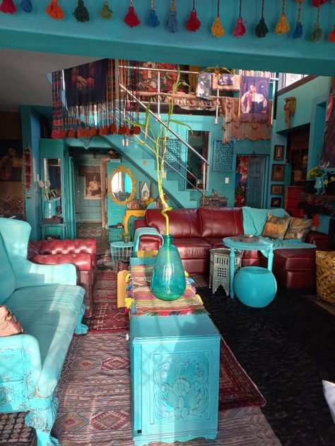 Turquoise Lounge bohemian Turquoise Interior, Teal Maximalist Bedroom, Red Couch Teal Wall, Maximalist Bohemian, Turquoise Bohemian Bangle, Luxury Bohemian Turquoise Beads, Torqouise Sofa, Hippie House, Turquoise Room