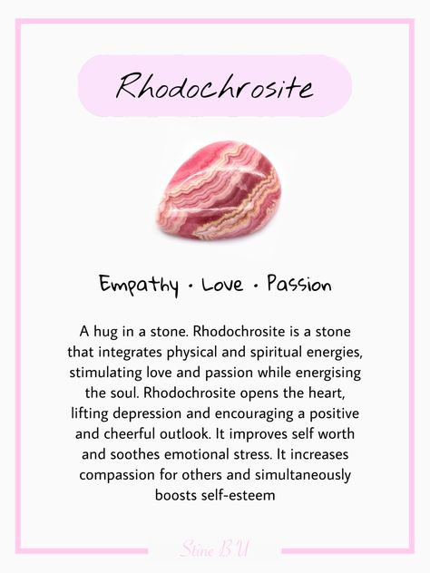 Rhodochrosite Crystal Meaning, Rhodonite Properties, Crystal Wishlist, Crystal Cards, Crystal Identification, Rhodochrosite Crystal, Best Healing Crystals, Crystal Healing Chart, Energy Spiritual