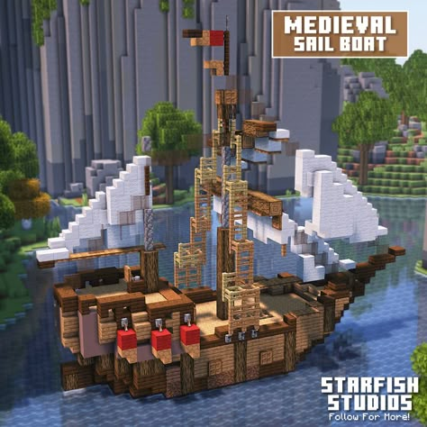 Medieval sail boat to cross the seven seas! Minecraft Medieval Boat Dock, Boat Design Minecraft, Sea Builds Minecraft, Minecraft Sailing Ship, Ship House Minecraft, Minecraft Pirate Ship House, Minecraft Boats Ships, Minecraft Sea Wall, Minecraft Boat Blueprints