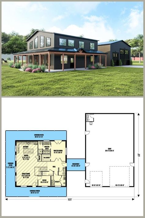 Barndominium With Loft, Porch Floor Plan, Barndominium House, Countryside Living, Wraparound Porch, Porch Floor, Large Workshop, Garage Floor Plans, Tudor Style Homes