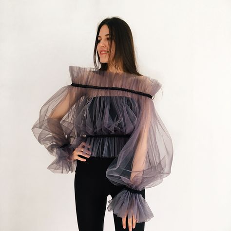 Ruffled crop toptulle crop topmesh top ruffled  topsexy image 0 Tulle Blouse, Ruffled Crop Top, Woman In Black, Sheer Crop Top, Mesh Tops, Ruffle Crop Top, Grey Blouse, Pleated Blouse, Looks Chic