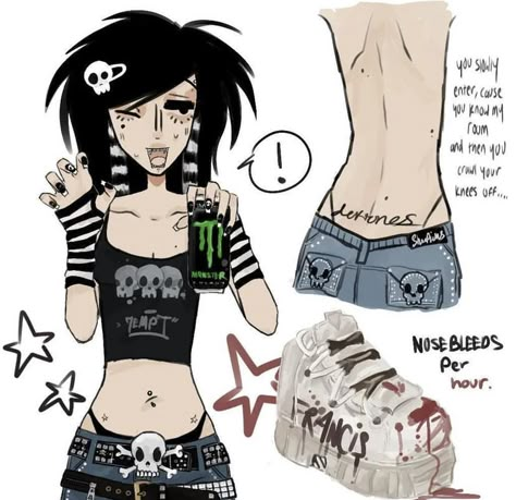 artist linked btw Scene Poses Drawing, Scene Outfits Drawing, Scenemo Drawing, Emo Clothes Drawing, Scene Kid Poses, Emo Pose Reference, Swag Art Style Y2k Drawing, Scenemo Art, Emo Pose