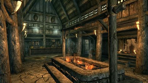 Skyrim Inn Interior Skyrim Crafts, Skyrim House, Viking Hall, Skyrim Tavern, Viking Village, Sleeping Giant, Elder Scrolls Art, Skyrim Mods, Scandinavian Architecture