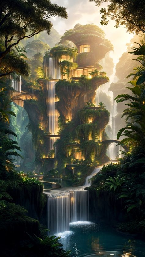 Rainforest City Fantasy Art, Fantasy Jungle City, Fantasy Jungle, Jungle City, Magical Jungle, Jungle Art, Forest City, Underwater Art, Fantasy Homes