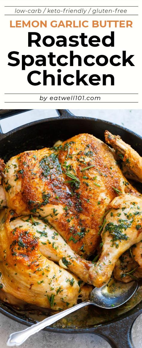 Roasted Garlic Butter SpatchCock Chicken - #chicken #recipe #eatwell101 - Crisp and juicy at the same time, this easy chicken dinner is so amazing - #recipe by #eatwell101 Roasted Lemon Garlic Butter Spatchcock Chicken, Spatchcock Chicken Recipes, Butterfly Chicken Recipes, Chicken Spatchcock, Light Suppers, Roasted Garlic Butter, Chicken Crisps, Easy Chicken Dinner, Chicken Roast