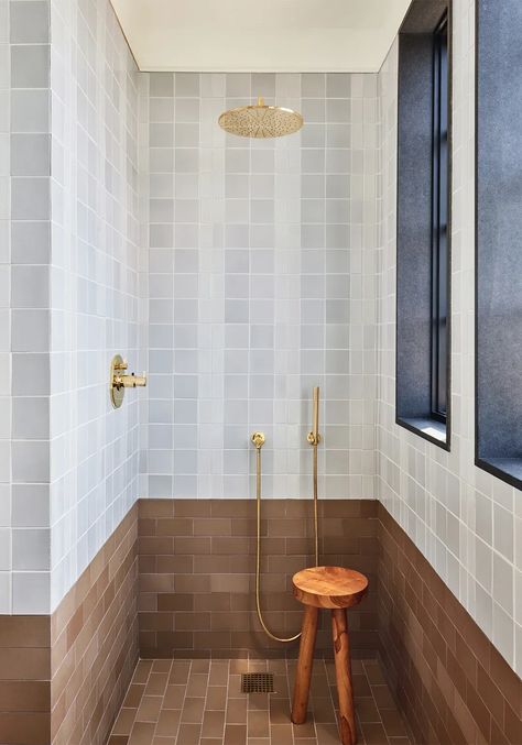 Floor To Ceiling Tile Bathroom, Brown Shower Tile, Brown Shower, Brick Kitchen Backsplash, Island Cottage, Brown Tile, Brick Kitchen, Bathroom Tile Ideas, Shower Inspiration