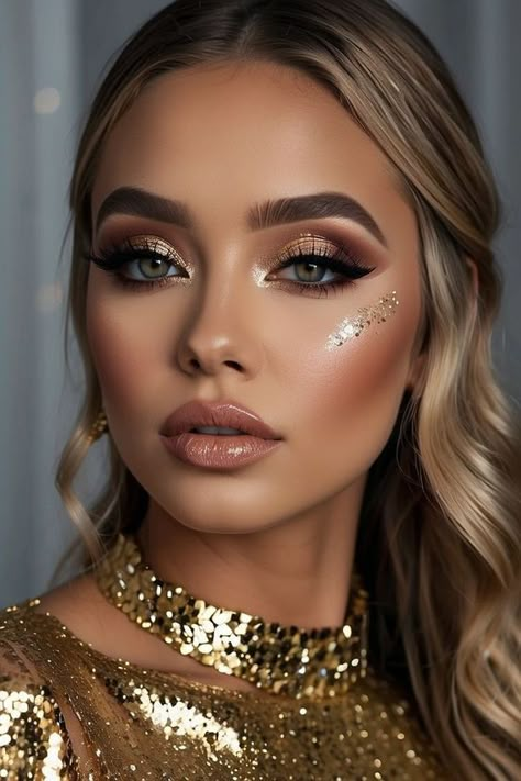 Glam Eye Makeup Glitter, Glittery Prom Makeup, Bold Glam Makeup, Gold Dress Makeup, Gold Glam Makeup, Prom Makeup Look, Glittery Makeup, Holiday Glam Makeup, Gold Glitter Makeup