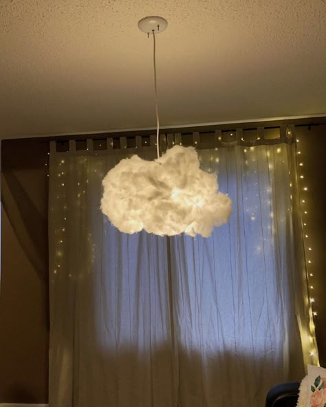 Floating Clouds Decor, Cloud Chandelier Diy, Ceiling Lights Aesthetic, Cloud On Ceiling, Hanging Clouds From Ceiling, Clouds Room Decor, Cloud Light Fixture, Light Clouds, Room Decor Cloud Lights