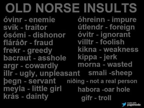 Well, you never know when these might come in handy. Anyone know of any others? #oldnorse #norse #vikingstyle #vikinglifestyle #vikinglife #vikinginspired #thevikingway #vikinghumor Norse Astethic, Old Norse Language, Old Norse Words, Viking Facts, Norse Paganism, Viking Aesthetic, Norse Words, Viking Quotes, Norse Myth