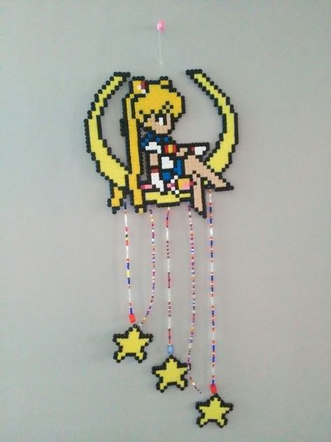 Sailor moon perler bead mobile/Dreamcatcher Fuse Bead Patterns Sailor Moon, Diy Sailor Moon Decor, Perler Wall Decor, Pearler Bead Wall Art, Anime Hama Beads Pattern, Perler Beads Wall Decor, Perler Wall Art, Cartoon Perler Beads, Sailor Moon Diy