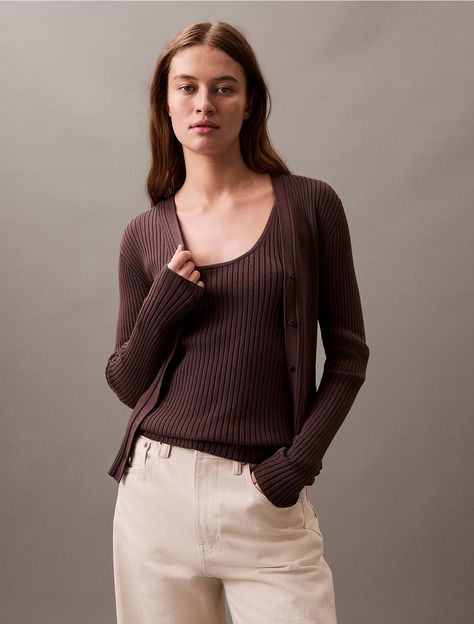 Accentuated with ribbed texture throughout, this cardigan is crafted from 100% cotton for total, breathable comfort. Cut in a slim, fitted silhouette with a V-neckline. Finished with button closures along the front.  Material: 100% Cotton. Rib Sweater, Ribbed Texture, Ribbed Sweater, Fitted Silhouette, Sweater Cardigan, Calvin Klein, Womens Tops, Shop Now, Texture