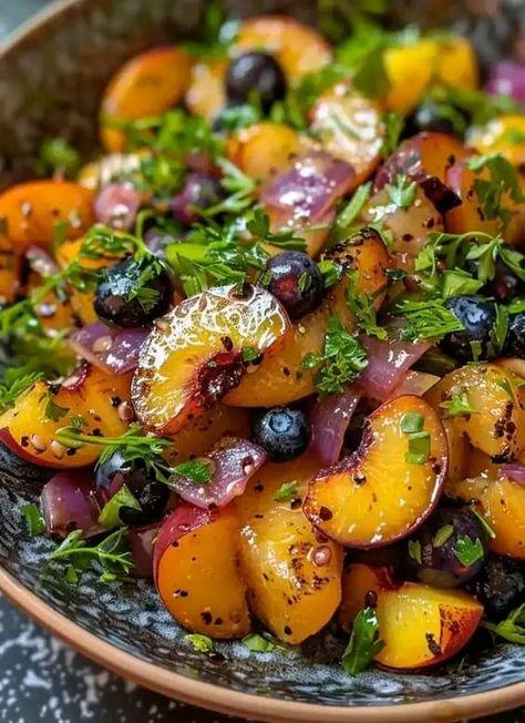 Gordon Ramsay | Grilled Peach Blueberry Salad | Facebook Barbecue Salad, Cucumber Sauce, Blueberry Salad, Peach Blueberry, Peach Recipes, Brunch Spread, Fresh Salad Recipes, Orange Chicken Recipe, Lunch Appetizers