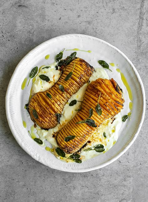 Hasselback Butternut Squash with Stracciatella Cheese, Crispy Sage and Sage Oil. – Crazy Cucumber Stracciatella Cheese, Hasselback Butternut Squash, Butternut Squash Sage, Veggie Main Dishes, Foraged Food, Sage Oil, Roasted Butternut, Roasted Butternut Squash, Vegetable Side Dishes