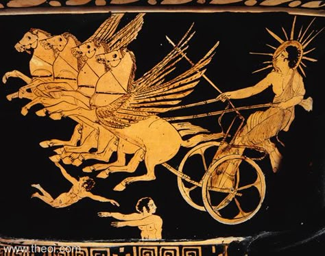 Apollo allows Phaeton to drive the chariot that causes fear as he almost destroys the entire world with reckless abandonment.  This scene shows Apollo's poor decision making skills and depicts him as a foolish god that lets his emotions get the best of him. Ancient Greek Art, Greek Pottery, Greek Vases, Greek And Roman Mythology, Greek Mythology Art, Ancient Mythology, Roman Mythology, Roman Art, Mythology Art