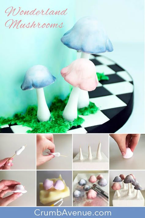 how to make, step by step, mushroom, toadstool, Alice in Wonderland, forest, cake topper, fondant, gum paste, sugar craft, cake decorating, Crumb Avenue, fairy, fairyland, modeling, modelling Step By Step Mushroom, Alice In Wonderland Forest, Fondant Mushrooms, Wonderland Mushrooms, Wonderland Forest, Mushroom Cake, Soap Dough, Alice In Wonderland Cake, Wonderland Cake