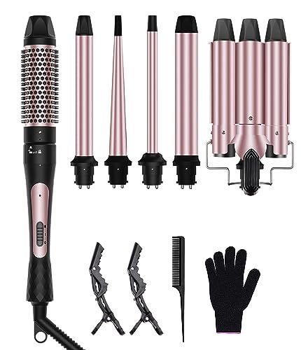 6 in 1 Curling Iron, 3 Barrel Curling Iron Set with Curling Brush (1.3inch) and 5 Interchangeable Ceramic Curling Wand(0.35"-1.25"), 2 Temp Heating Setting, Contain Comb & Protective Glove & 2 Clips Curling Iron For Beach Waves, 3 Barrel Curling Iron, Wand Curler, Curling Wand Set, Different Curls, Barrel Curling Iron, Curling Brush, Barrel Curls, Curling Wand