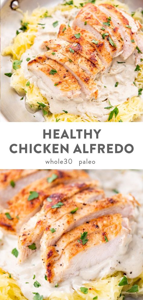 A rich and creamy chicken alfredo that's super healthy! Quick and easy to throw together, this healthy chicken alfredo recipe uses a dairy-free cashew alfredo sauce and spaghetti squash "noodles." Paleo and Whole30. #paleo #whole30 Healthy Chicken Alfredo Recipe, Cashew Alfredo Sauce, Cashew Alfredo, Healthy Chicken Alfredo, Creamy Chicken Alfredo, Chicken Alfredo Recipe, Paleo Menu, Drumsticks Recipe, Paleo Cookbook