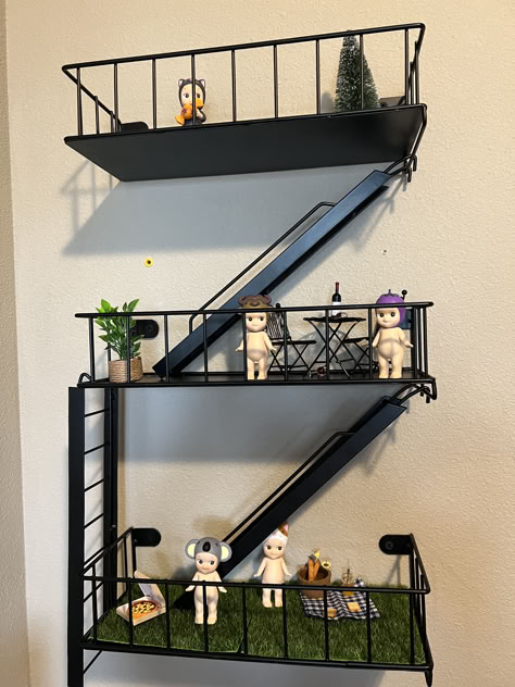 You can't tell me this isn't the cutest thing ever! The shelf and little accessories are linked below! Fire Escape Shelf, Staircase Shelves, Angel Shelf, Pinterest Room, Bored Board, Unique Shelves, Floating Staircase, Fire Escape, Sonny Angel