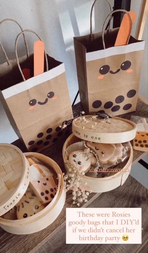 Kawaii Sushi Birthday Party Ideas, Boba First Birthday, Dumpling And Boba Party, Boba Gift Basket, Bubble Tea Gift Ideas, Boba Tea Party Invitation, Boba Tea Party Favors, Boba Tea Decor, Bubble Tea Cookies