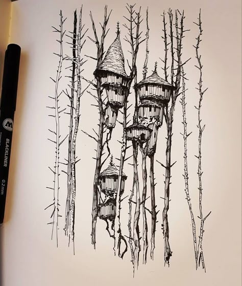 Tree House Drawing, Pen Art Drawings, Fantasy Drawings, Architecture Drawing Art, Drawing Pen, Landscape Illustration, Urban Sketching, Ink Illustrations, Environment Concept Art