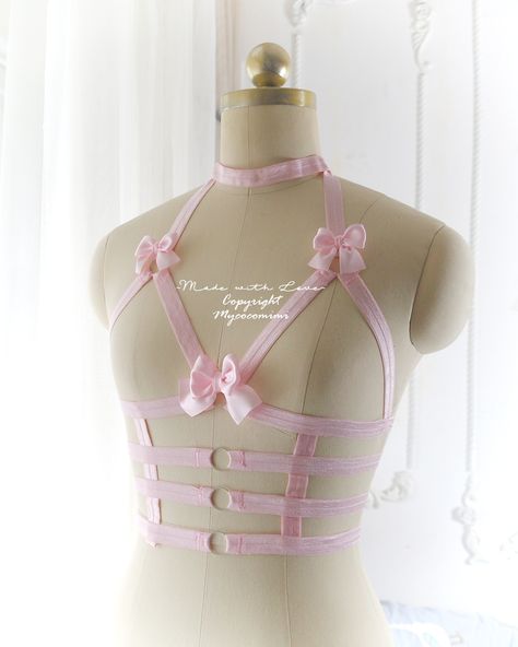 Kitten Play Gear, Baby Pink Bow, Full Body Harness, Harness Fashion, Open Bra, Cute Lingerie, Body Harness, Estilo Punk, Pretty Lingerie