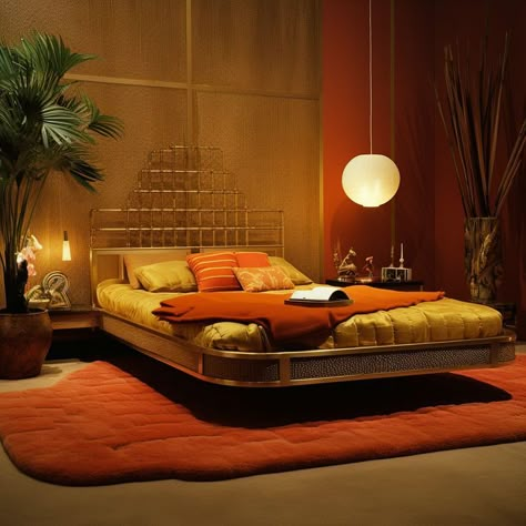 Retro 70s Bed, Luxury 70s Interior, Dark 70s Interior Design, Master Bedrooms 70s, Japanese 70s Interior, 70s Hollywood Interior, Retro 70s Bedroom Ideas, 70s Cozy Bedroom, 70s Glam Bedroom