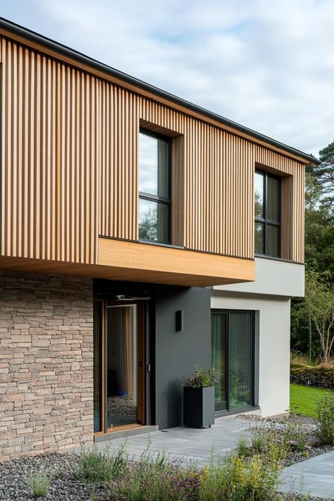 Modern house facade with timber gladding and vertical wood slat panels. The chic, rustic charm of timber-clad houses might just be the trendiest look nobody warned you about. Vertical House Siding, Exterior Wood Cladding, Nordic Houses, Blue Siding, Cabin Modern, Modern Porch, Modern Residential Architecture, Stone Chimney, Timber Slats