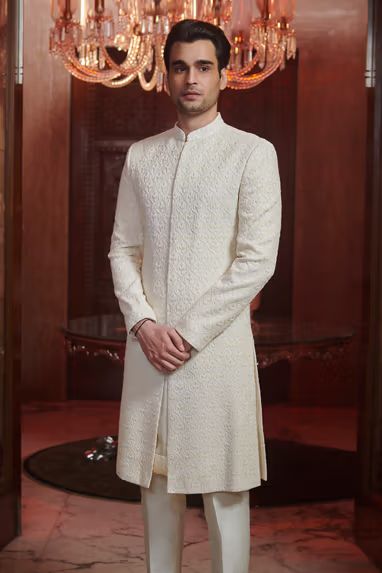 Chikankari Sherwani For Men, Sawan Gandhi, Raw Silk Embroidery, Sherwani For Men Wedding, Groom Photoshoot, Sherwani Groom, Mens Sherwani, Sherwani For Men, Wedding Outfit Men