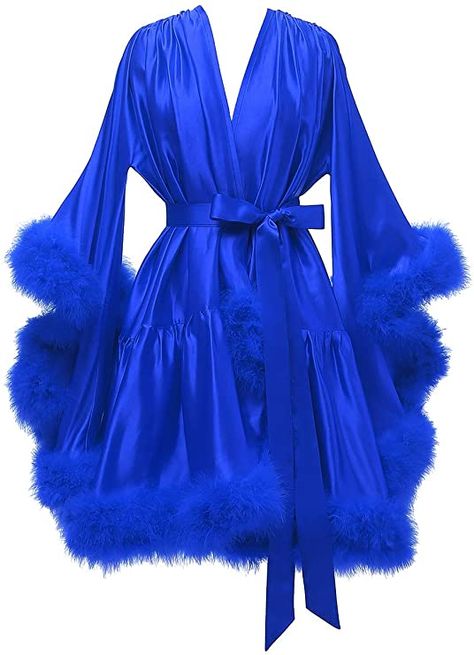 Short Robes For Women, Silk Robes, Fluffy Silk Robe, Blue Silk Robe Aesthetic, Silk Robe With Feathers, Blue Feathered Robe, Pink Fluffy Silk Robe, Fancy Robes, Bridal Dressing Gown