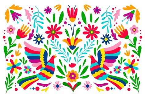 Diseño plano colorido fondo mexicano | Vector Gratis Mexican Background, Otomi Art, Vintage Floral Backgrounds, Otomi Embroidery, Mexican Pattern, Mexican Embroidery, Folk Art Flowers, Mexican Designs, Scandinavian Folk Art