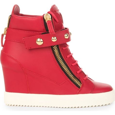 GIUSEPPE ZANOTTI Studded band leather wedge trainers ($1,030) ❤ liked on Polyvore featuring shoes, sneakers, red, lace up wedge sneakers, red leather shoes, leather sneakers, red high heel shoes and studded wedge sneakers Wedge Outfit, Wedge Sneakers Outfit, Red Leather Shoes, Red High Heel Shoes, Zanotti Sneakers, Wedge Trainers, Heel Sneakers, Giuseppe Zanotti Sneakers, Basket Nike