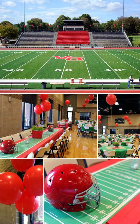 Homecoming Football Dinner decorations inspired by football field Homecoming Dinner Table Decorations, Football Banquet Decorations, Football Banquet Centerpieces, Kids Football Parties, Football Dinner, Football Centerpieces, Homecoming Football, Homecoming Decorations, Banquet Centerpieces